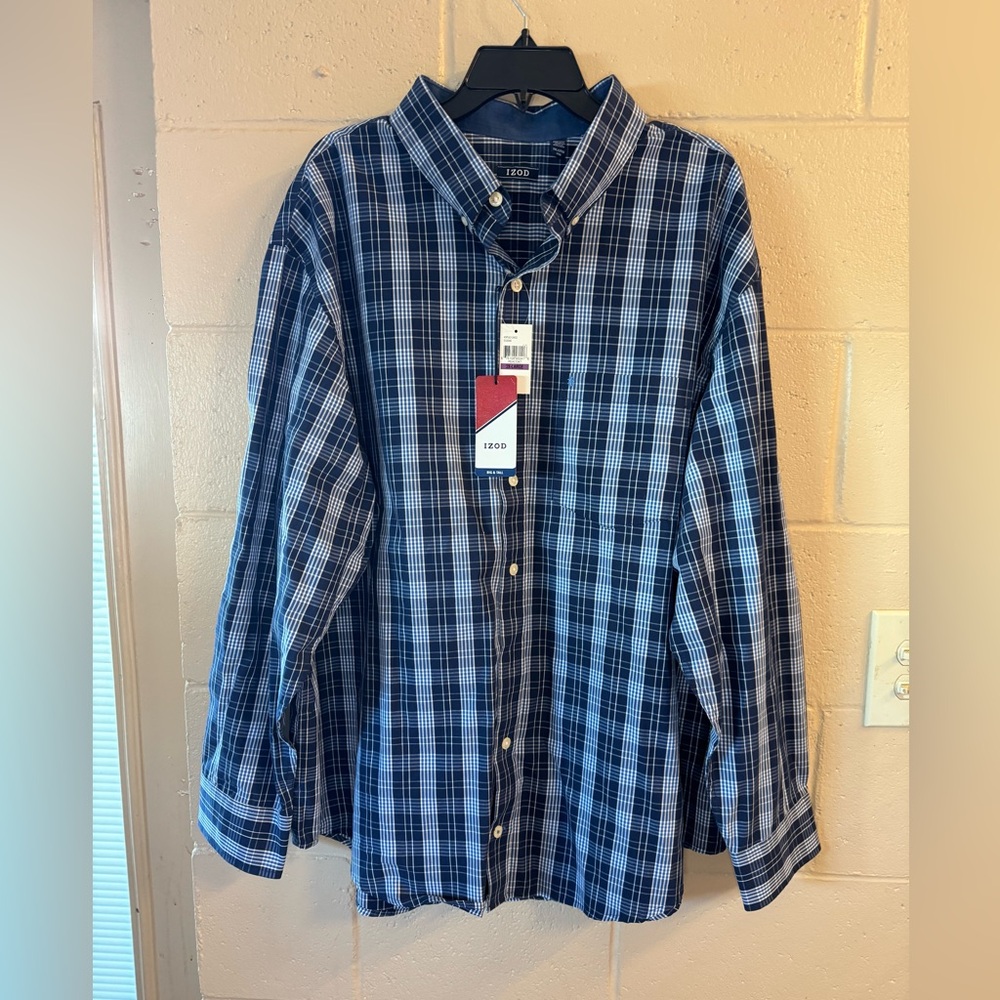 NWT Men’s Big and Tall IZOD Classic Blue and White Plaid Shirt Size XXL